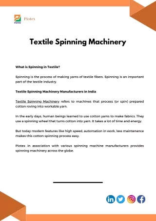 Textile Spinning Machinery | Piotex Textile Marketing Company