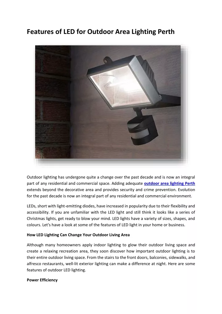 features of led for outdoor area lighting perth