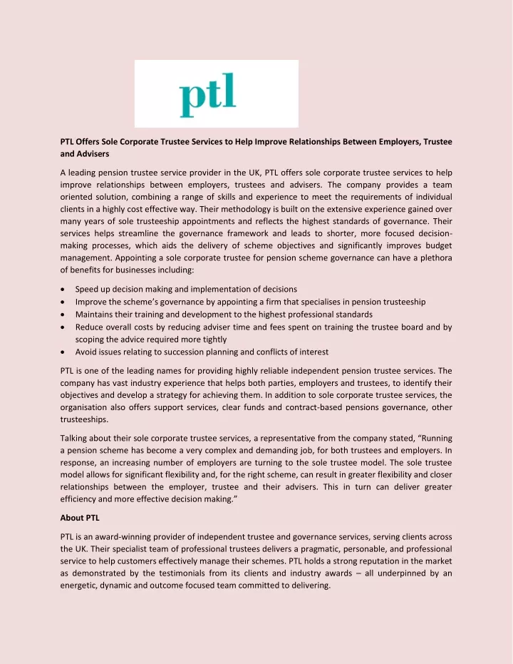 ptl offers sole corporate trustee services