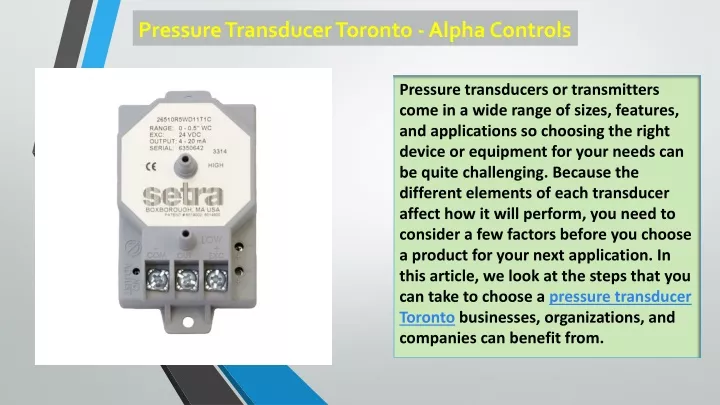 pressure transducer toronto alpha controls