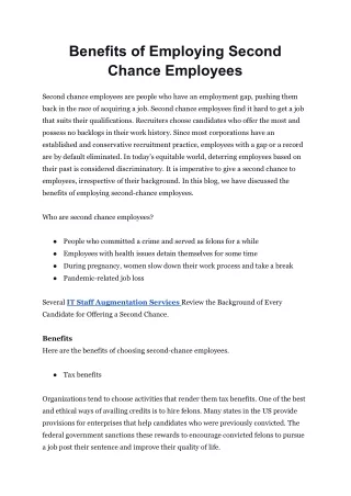 Benefits of Employing Second Chance Employees