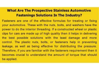 What Are The Prospective Stainless Automotive Fastenings Solutions In The Industry