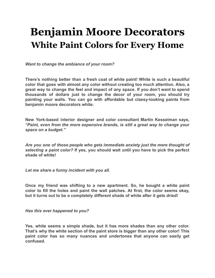 benjamin moore decorators white paint colors