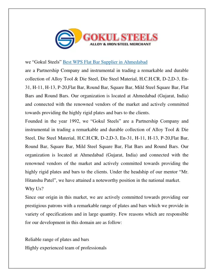 we gokul steels best wps flat bar supplier