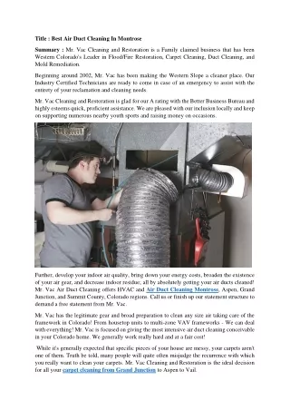 Best Air Duct Cleaning In Montrose