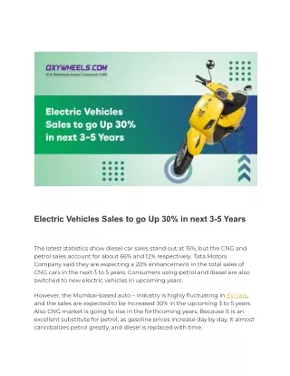 Electric Vehicles Sales to go Up 30% in next 3-5 Years