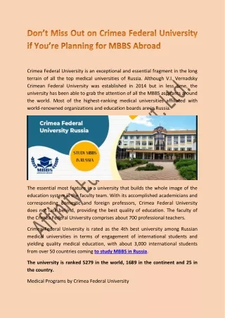 Miss Out on Crimea Federal University for MBBS Abroad