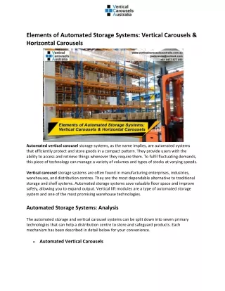 Elements of Automated Storage Systems Vertical Carousels & Horizontal Carousels