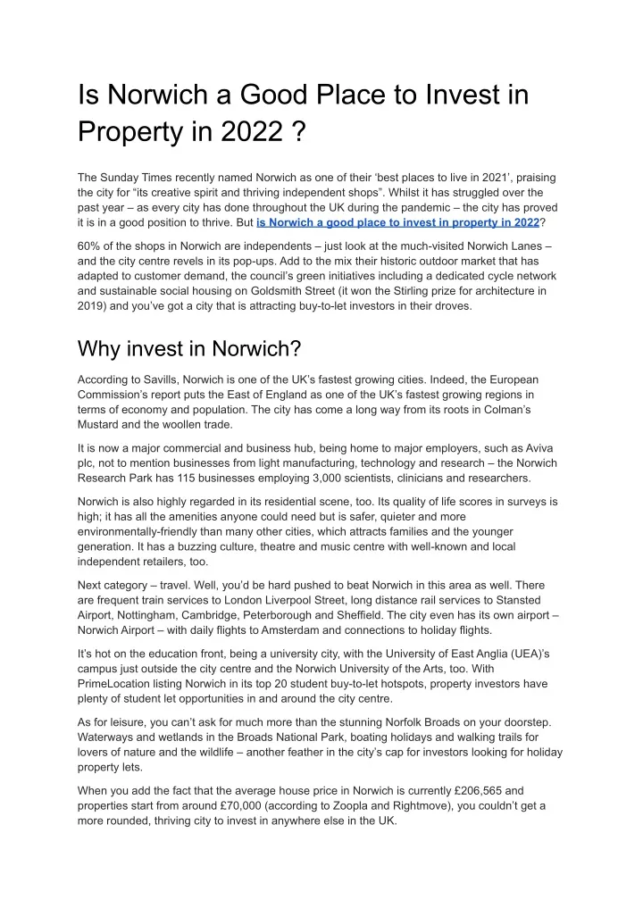 is norwich a good place to invest in property