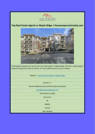 Top Real Estate Agents in Maple Ridge | Iloveonepercentrealty.com