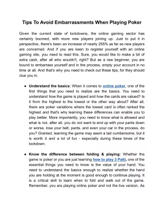 tips to avoid embarrassments when playing poker