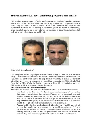 Hair transplantation: Ideal candidates, procedure, and benefits