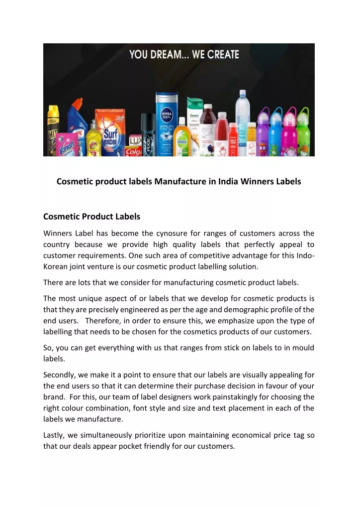 cosmetic product labels manufacture in india