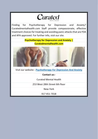Psychotherapy for Depression and Anxiety  Curatedmentalhealth.com