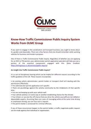 Know-How Traffic Commissioner Public Inquiry System Works from OLMC Group