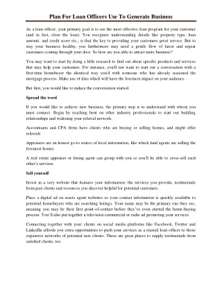 plan for loan officers use to generate business