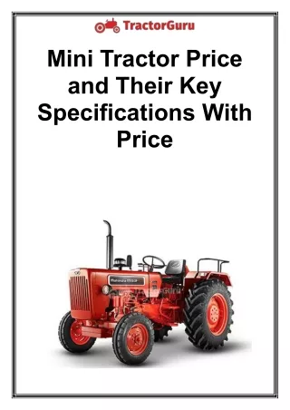 Mini Tractor Price and their key specifications with price
