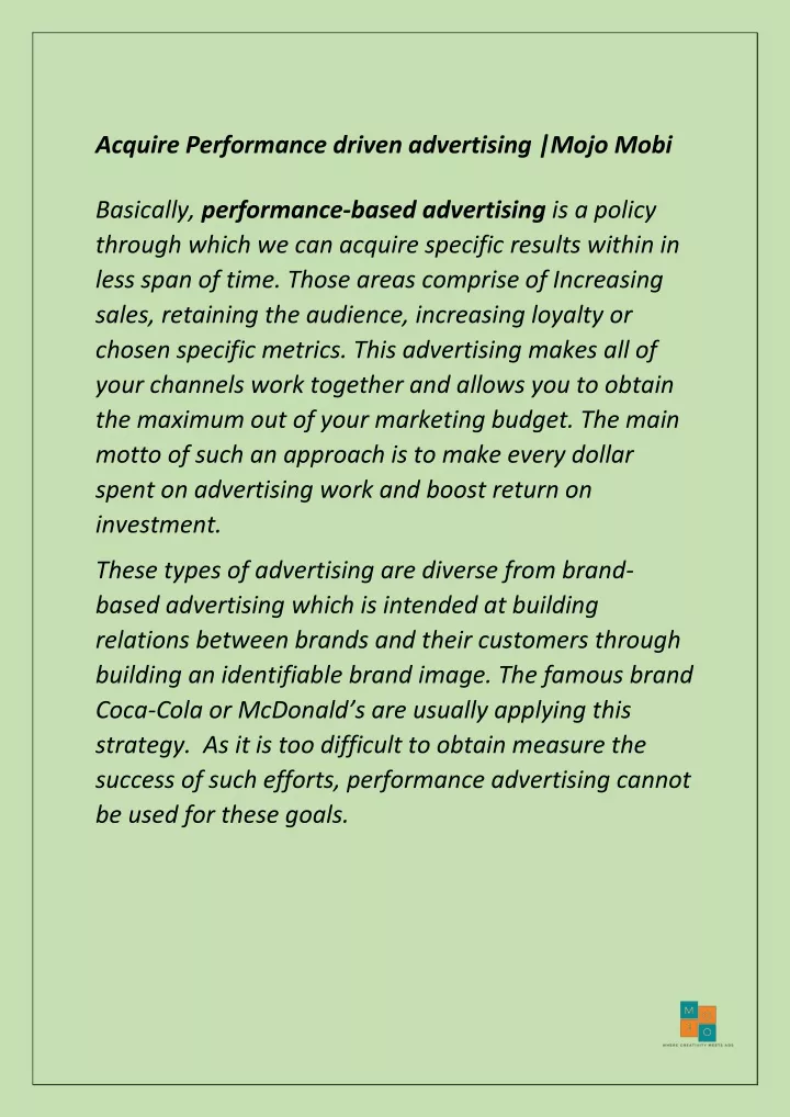 acquire performance driven advertising mojo mobi