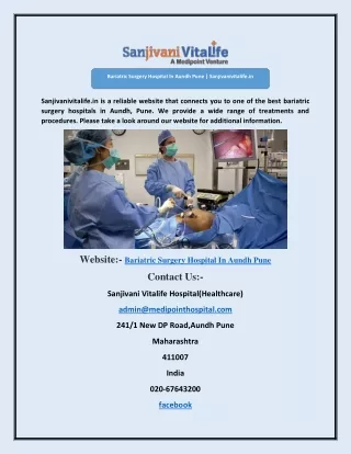 Bariatric Surgery Hospital In Aundh Pune | Sanjivanivitalife.in