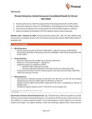 Piramal Enterprises Limited Announces Consolidated Results for Q3 and 9M FY2022