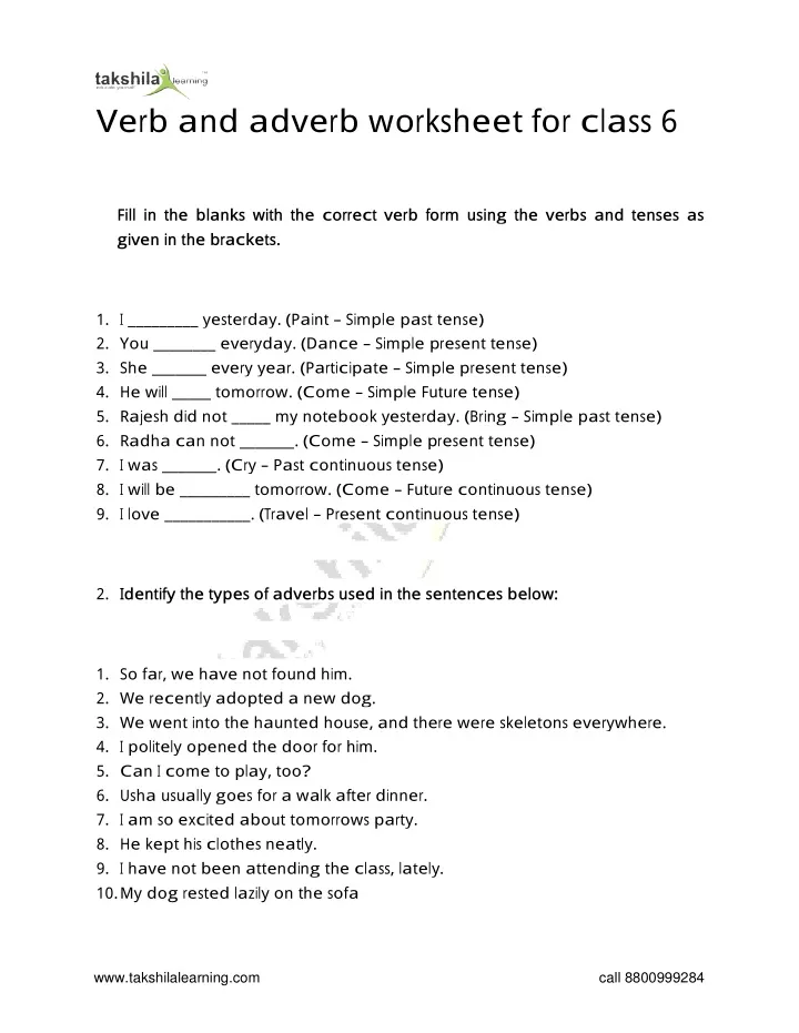 verb and adverb worksheet for class 6