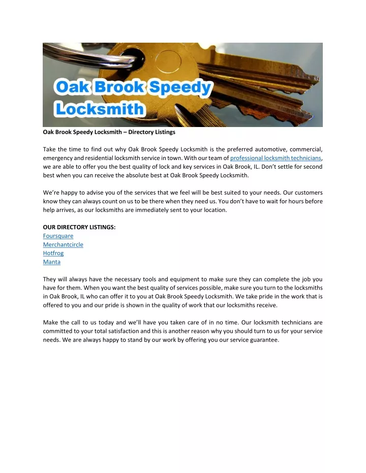 oak brook speedy locksmith directory listings