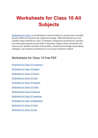Worksheets for Class 10 Free PDF Download