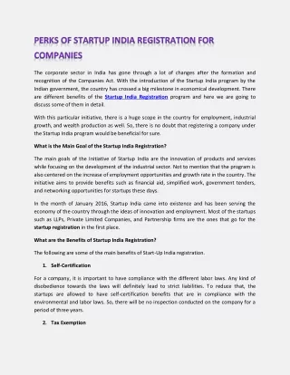 PERKS OF STARTUP INDIA REGISTRATION FOR COMPANIES