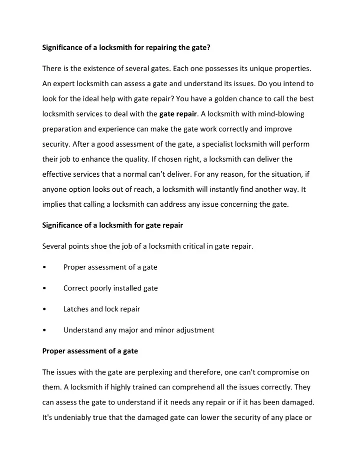 significance of a locksmith for repairing the gate