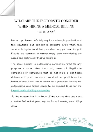 WHAT ARE THE FACTORS TO CONSIDER WHEN HIRING A MEDICAL BILLING COMPANY