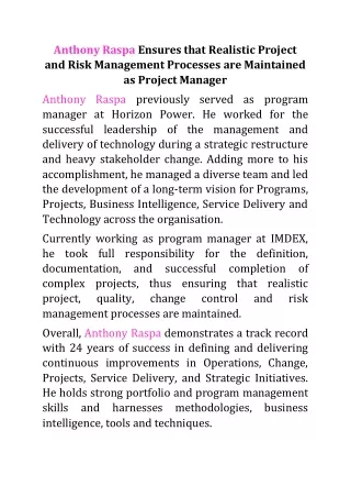anthony raspa ensures that realistic project