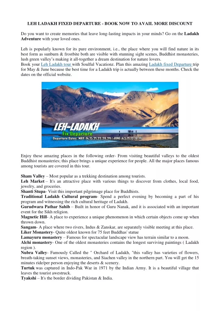 leh ladakh fixed departure book now to avail more