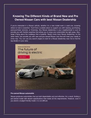 Knowing The Different Kinds of Brand New and Pre Owned Nissan Cars with best Nissan Dealership