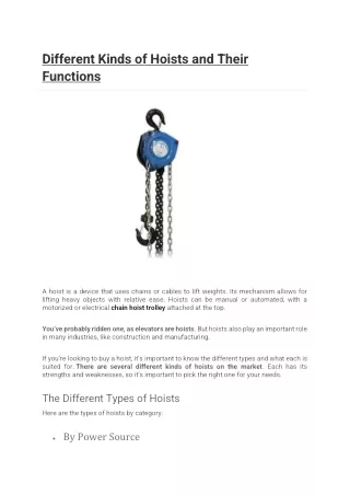 Different Kinds of Hoists and Their Functions