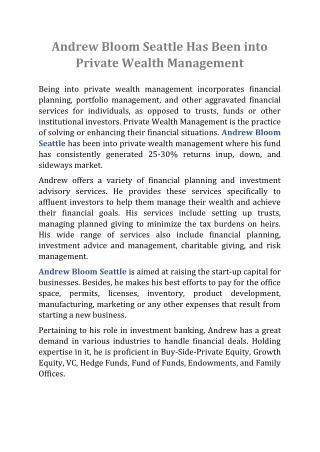Andrew Bloom Seattle Has Been into Private Wealth Management