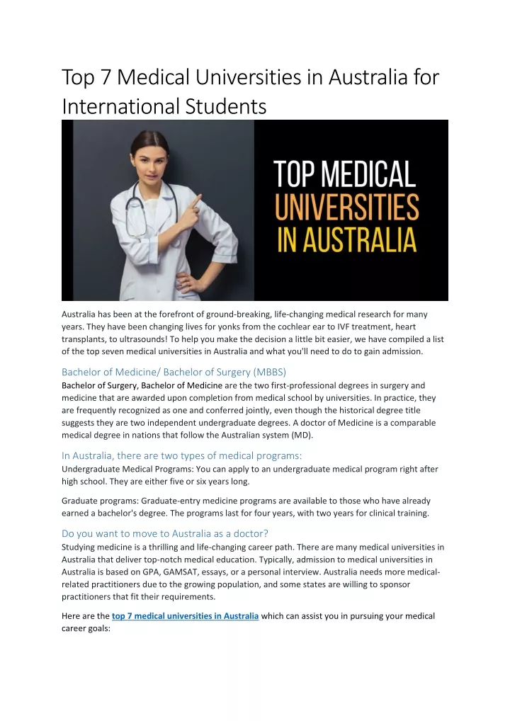 top 7 medical universities in australia