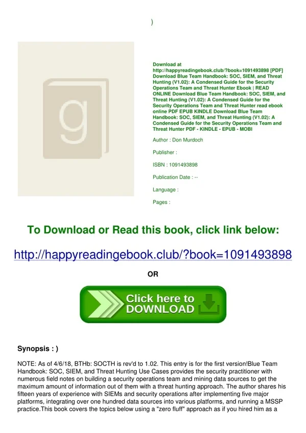 <(DOWNLOAD E.B.O.O.K.^) Blue Team Handbook SOC  SIEM  and Threat Hunting (V1.02)