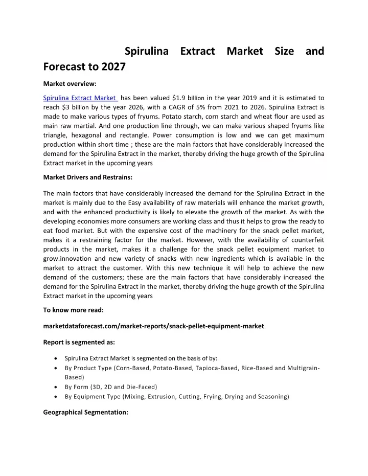 spirulina extract market size and forecast to 2027