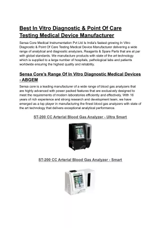 Best In Vitro Diagnostic & Point Of Care Testing Medical Device Manufacturer