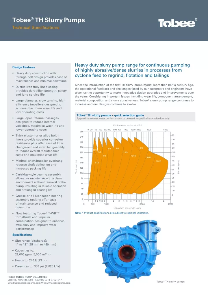 tobee t h slurry pump s technical specifications