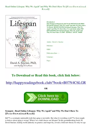 Read Online Lifespan Why We Ageâ€”and Why We Don't Have To [[F.r.e.e D.o.w.n.l.o