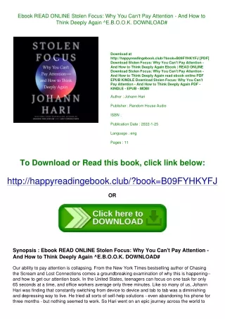Ebook READ ONLINE Stolen Focus Why You Can't Pay Attention - And How to Think De