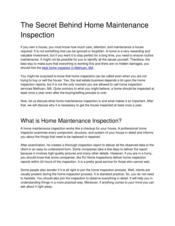 the secret behind home maintenance inspection