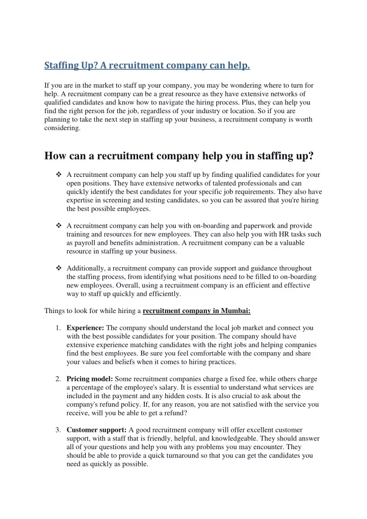 staffing up a recruitment company can help