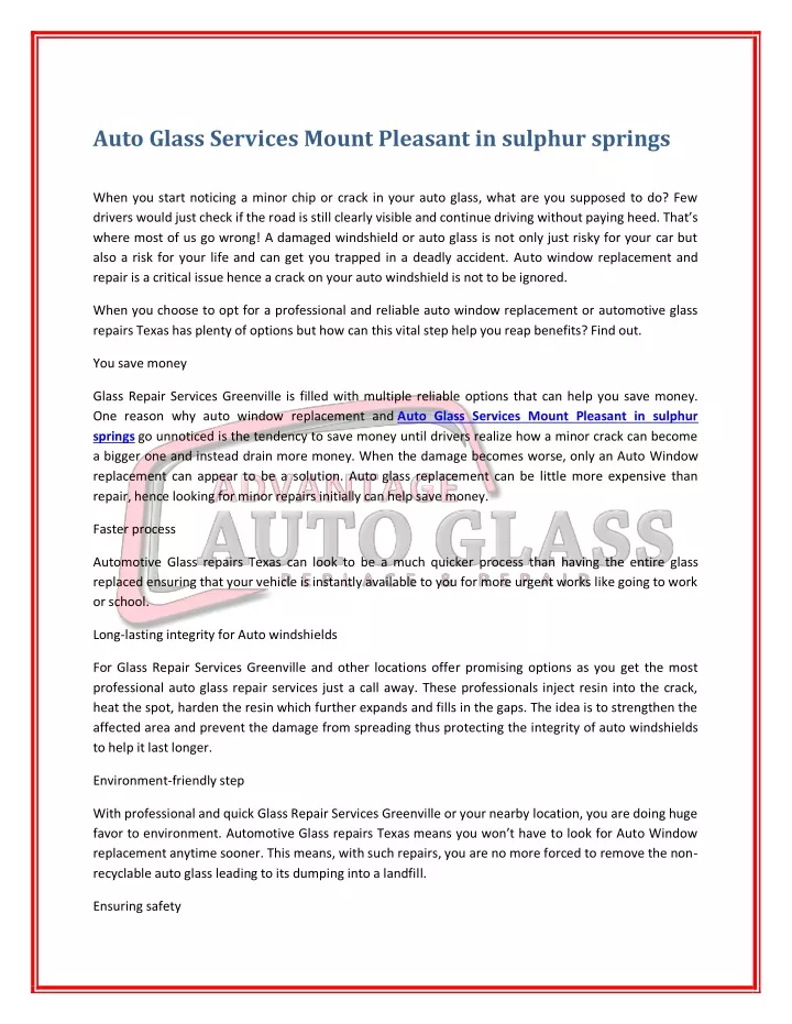 auto glass services mount pleasant in sulphur