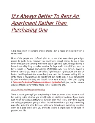 It’s Always Better To Rent An Apartment Rather Than Purchasing One