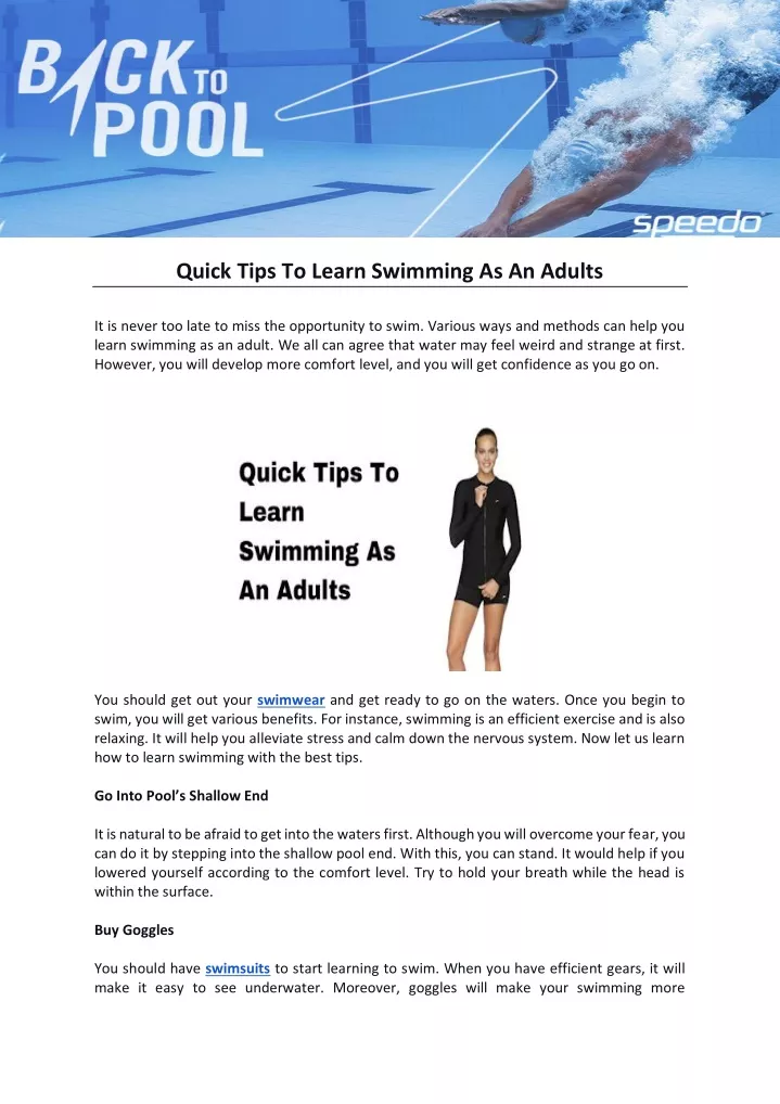 quick tips to learn swimming as an adults