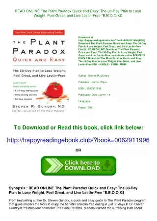 READ ONLINE The Plant Paradox Quick and Easy The 30-Day Plan to Lose Weight  Fee
