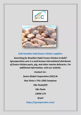 Bulk Brazilian Halal Frozen Chicken Suppliers | Sgcooperative.com