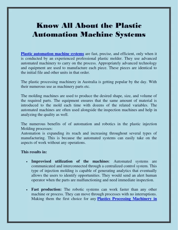 know all about the plastic automation machine